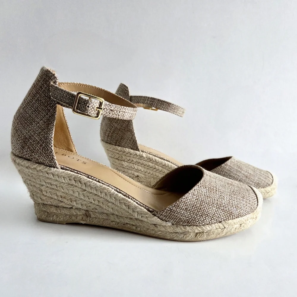 Talbots New Espadrille Wedge Heels With Ankle Strap, Brown, Tan, & Gold, Size 8